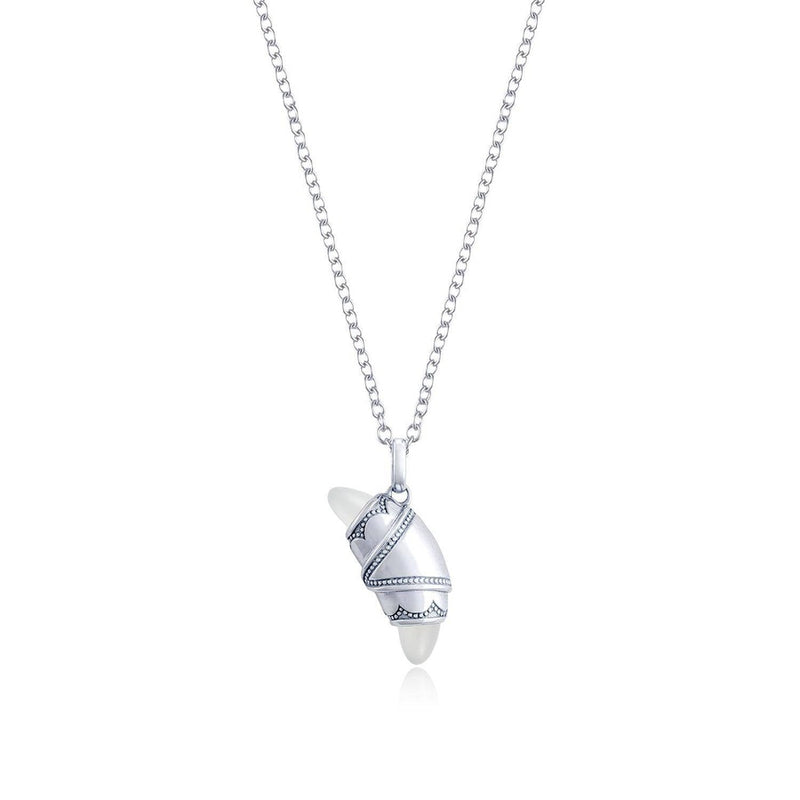 White Moonstone Crescent Cookie Necklace in Silver