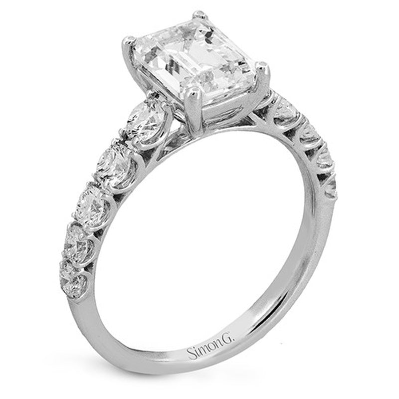 18K White Gold Emerald Sidestone Prong Engagement Ring