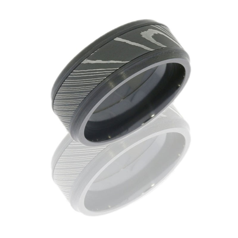 8MM BLK ZIR WITH DAMASCUS INLAY