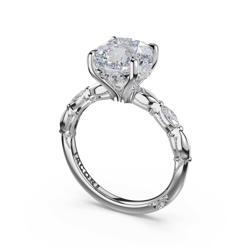 Marquise Pattern Cushion Solitaire Engagement Ring in 18kt White Gold