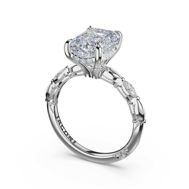 Marquise Pattern Emerald Solitaire Engagement Ring in 18kt White Gold
