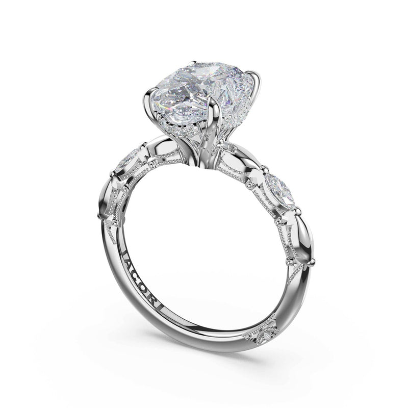 Marquise Pattern Oval Solitaire Engagement Ring in 18kt White Gold
