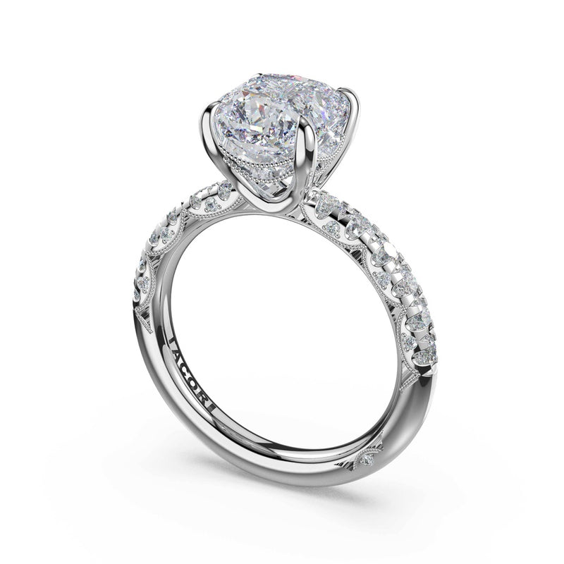 Half-Pavé Cushion Solitaire Engagement Ring in Platinum