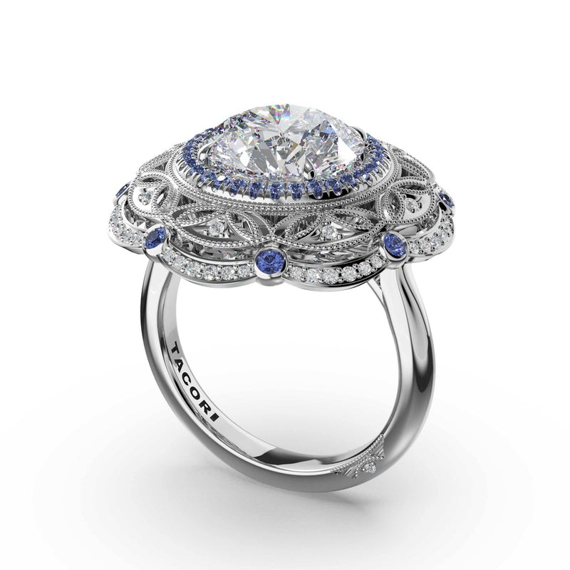 Round Estate Diamond and Sapphire Engagement Ring in 18kt White Gold