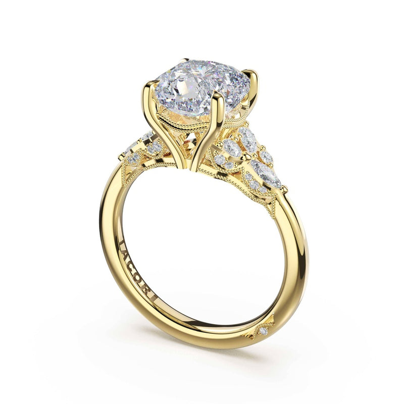 Asymmetrical Cluster Cushion Engagement Ring in 14kt Yellow Gold