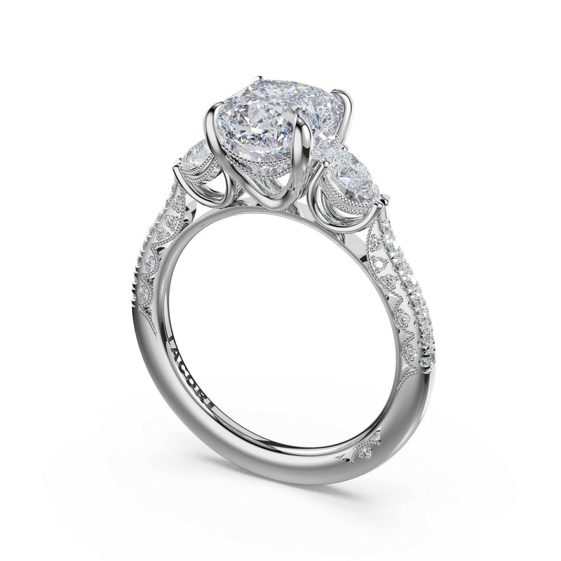 3-Stone Pear Diamond Side Cushion Engagement Ring in 14kt White Gold
