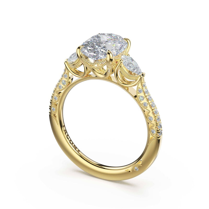 3-Stone Pear Diamond Side Oval Engagement Ring in 18kt Yellow Gold