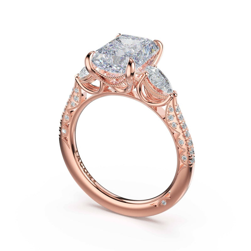 3-Stone Pear Diamond Side Radiant Engagement Ring in 14kt Rose Gold