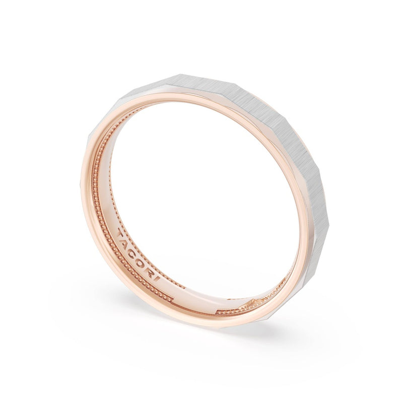 Satin Finish Faceted Wedding Band in 14kt Rose Gold & Platinum