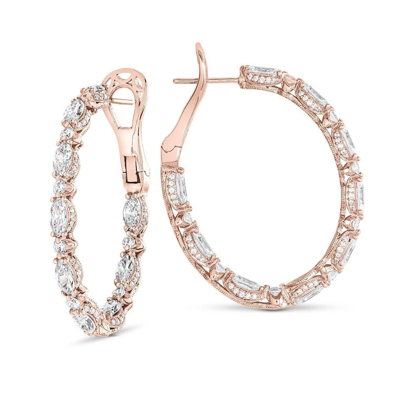 Marquise and Round Cut Oval Diamond Hoop Earrings in 14kt Rose Gold