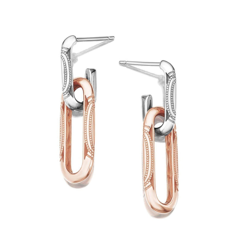 Double Link Earrings, Milgrain Two-Tone in 14kt Rose and White Gold