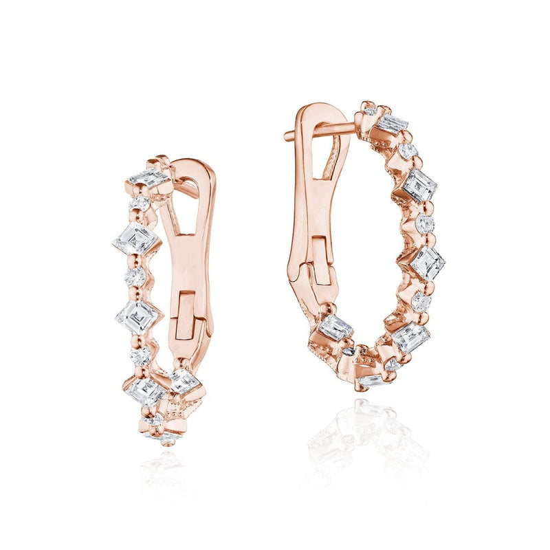 Carré and Round Small Diamond Hoop Earrings in 14kt Rose Gold