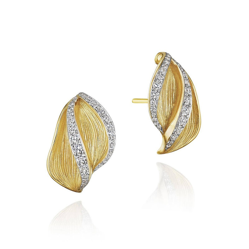 Double Petal Diamond Huggie Earrings in 14kt Yellow Gold