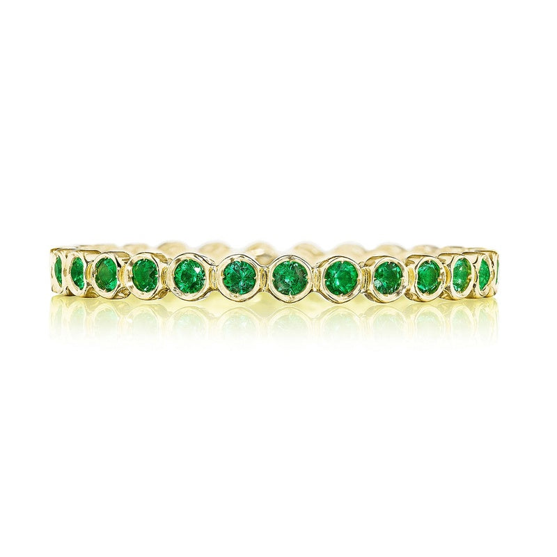 Round Bezel Droplet Wedding Band with Emerald in 14kt Yellow Gold