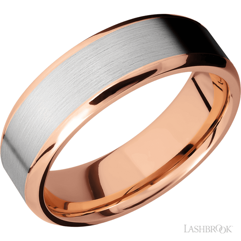 7 mm wide/Beveled/14K Rose Gold band with one 5 mm Centered inlay of 14K White Gold.