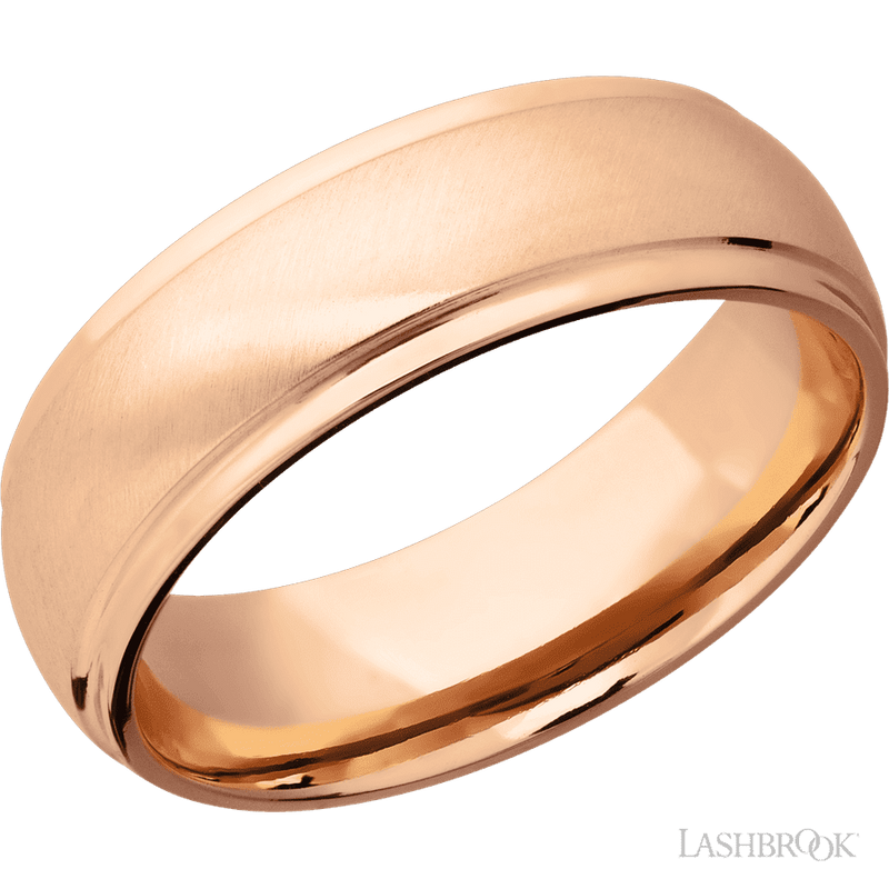 7 mm wide Domed Stepped Down Edges 14K Rose Gold band.