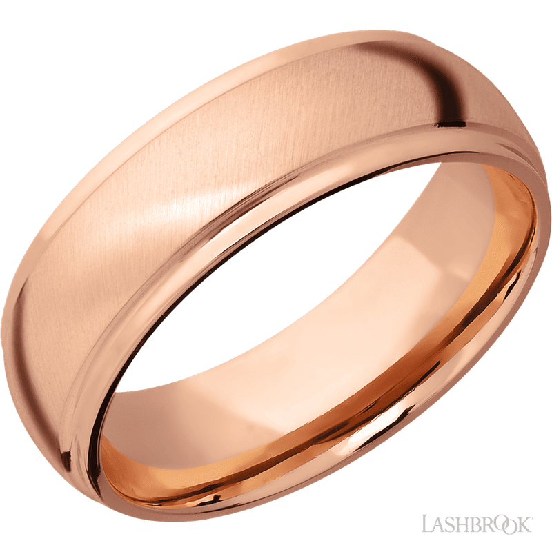 7 mm wide Domed Stepped Down Edges 14K Rose Gold band.