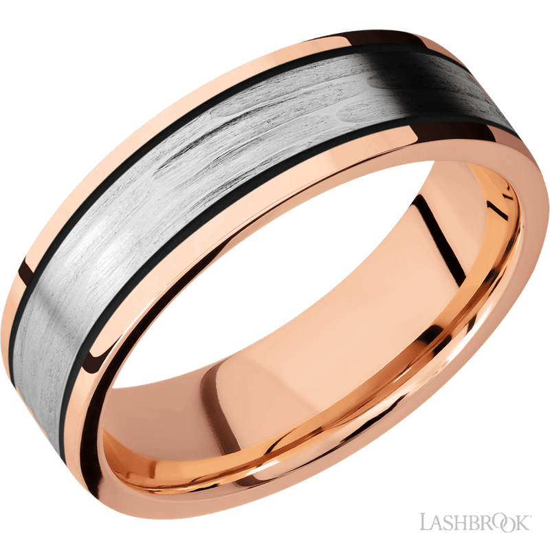 7 mm wide/Flat/14K Rose Gold band with one 4 mm Centered inlay of 14K White Gold.