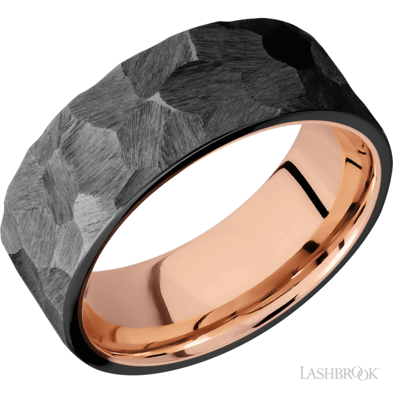 8 mm wide Flat Zirconium band featuring a 14K Rose Gold sleeve.