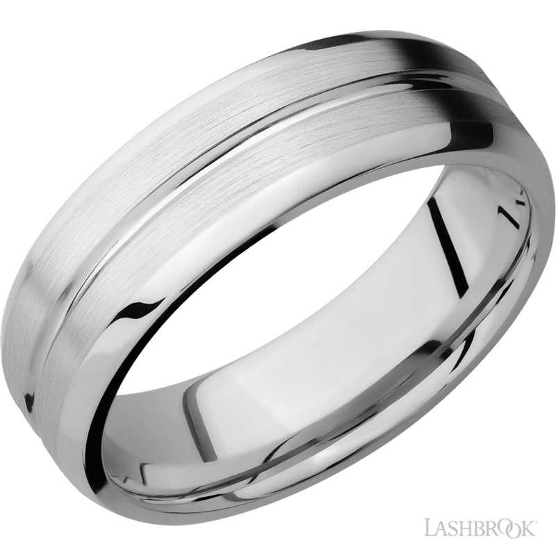 7 mm wide Beveled with Center Accent Groove 14K White Gold band.