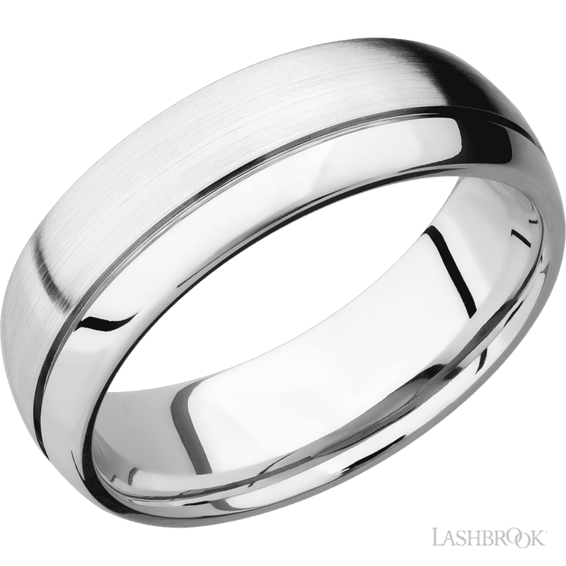7 mm wide Domed with Off Center Accent Groove 14K White Gold band.