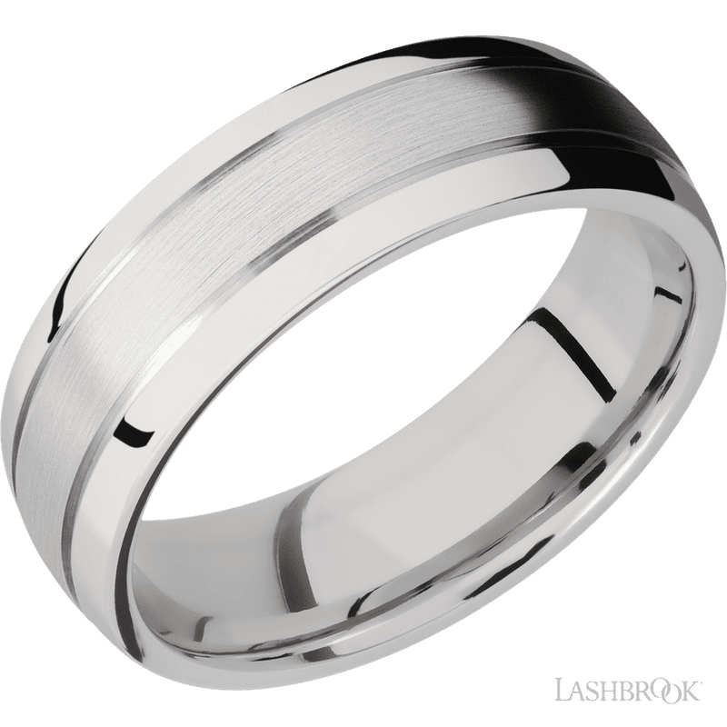 7 mm wide Domed with two accent grooves 14K White Gold band.