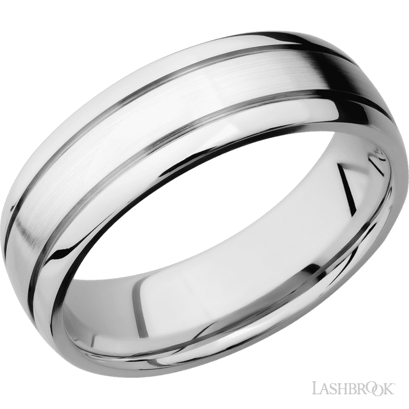 7 mm wide Domed with two accent grooves 14K White Gold band.