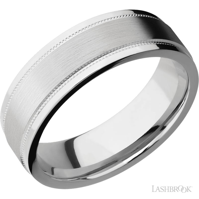 7 mm wide Flat Stepped Edges Milgrain 14K White Gold band.