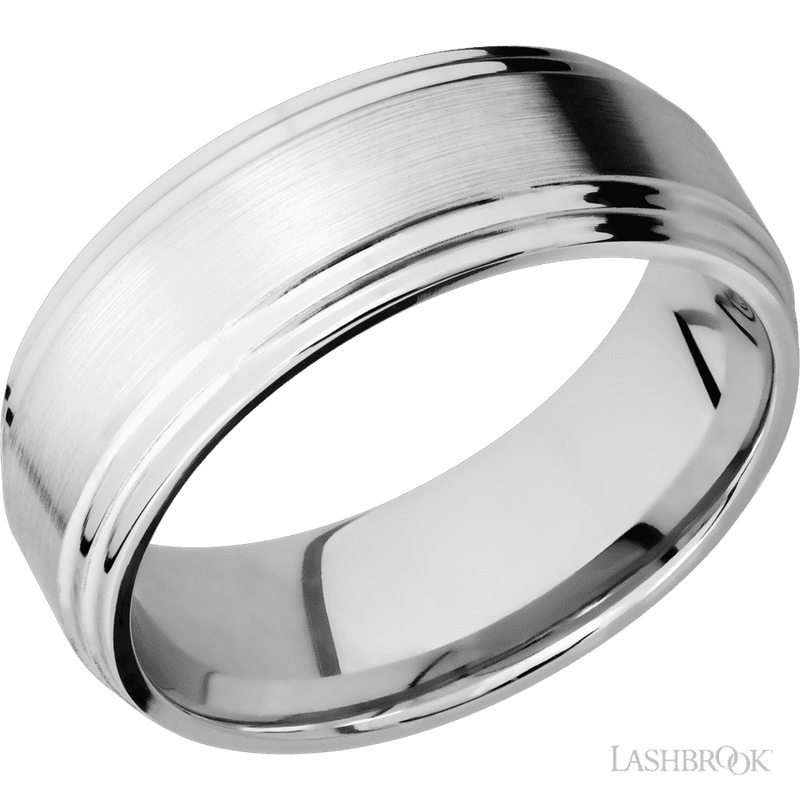 8 mm wide Flat Double Stepped Edges 14K White Gold band.