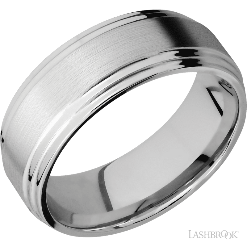 8 mm wide Flat Double Stepped Edges 14K White Gold band.
