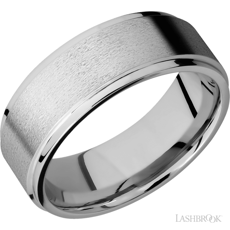 8 mm wide Flat Grooved Edges 14K White Gold band.