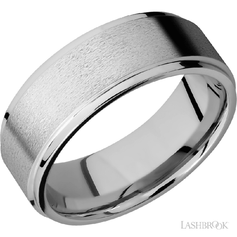 8 mm wide Flat Grooved Edges 14K White Gold band.