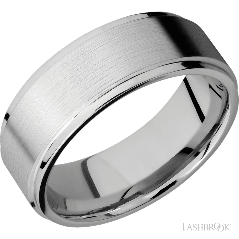 8 mm wide Flat Grooved Edges 14K White Gold band.