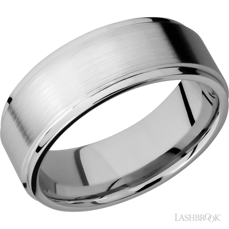 8 mm wide Flat Grooved Edges 14K White Gold band.
