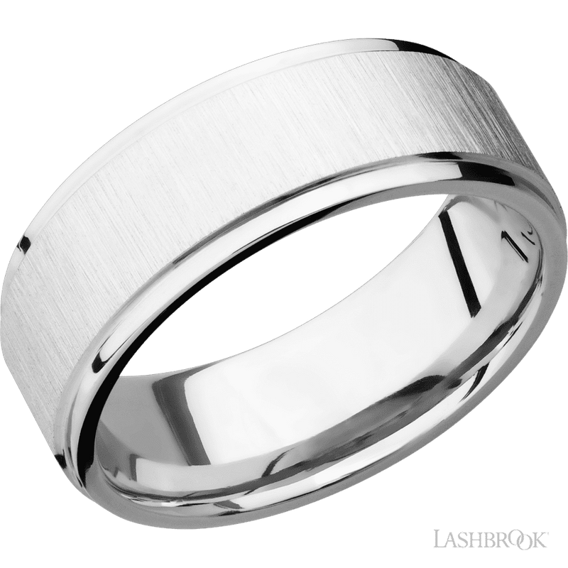 8 mm wide Flat Grooved Edges 14K White Gold band.