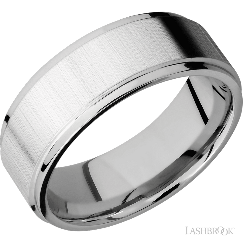 8 mm wide Flat Grooved Edges 14K White Gold band.