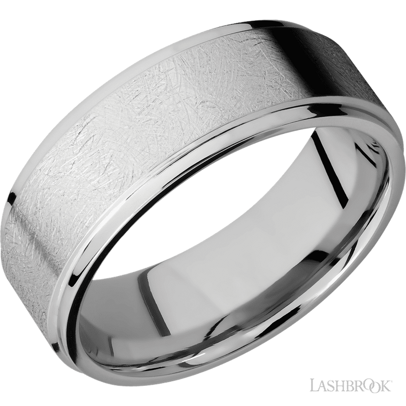 8 mm wide Flat Grooved Edges 14K White Gold band.