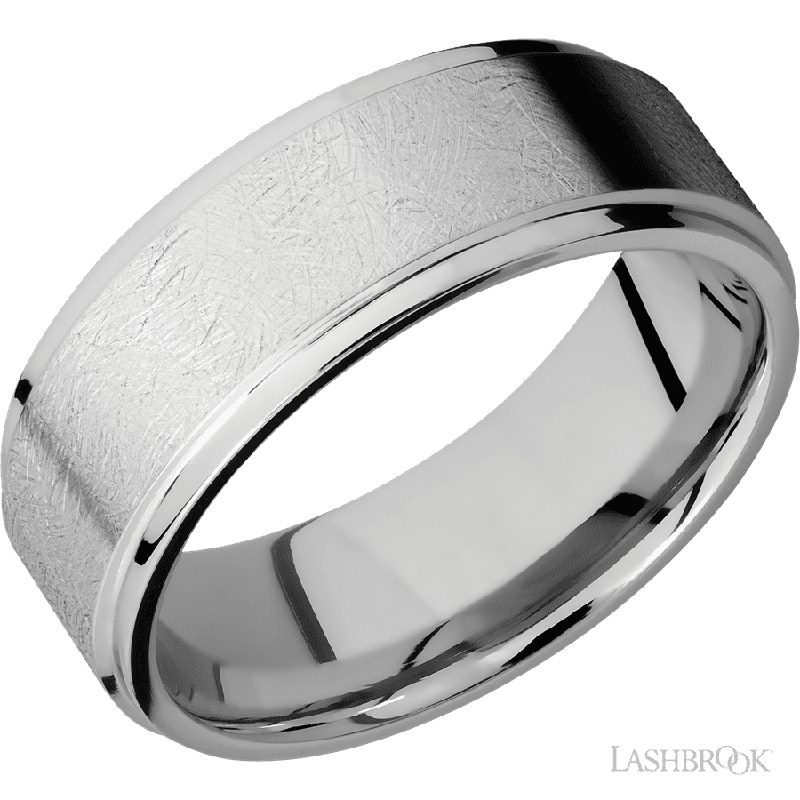 8 mm wide Flat Grooved Edges 14K White Gold band.