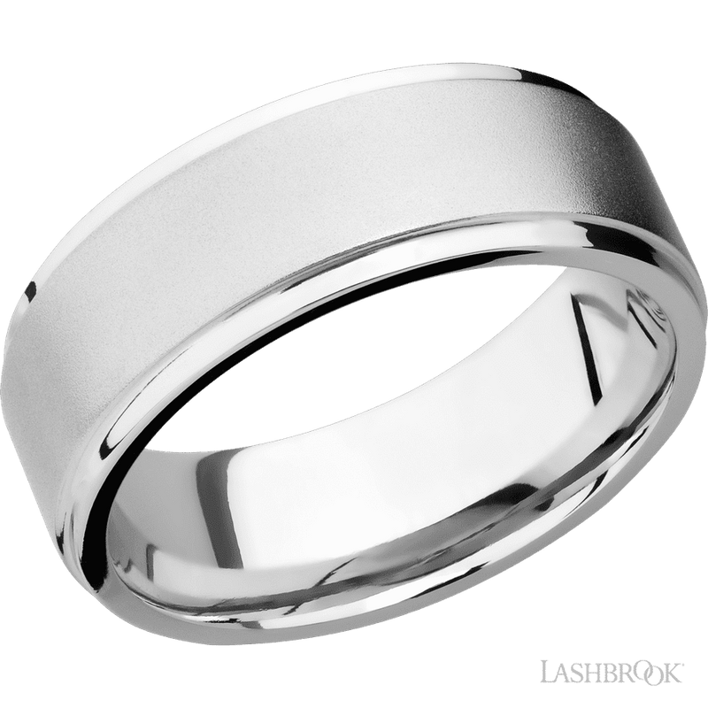 8 mm wide Flat Grooved Edges 14K White Gold band.
