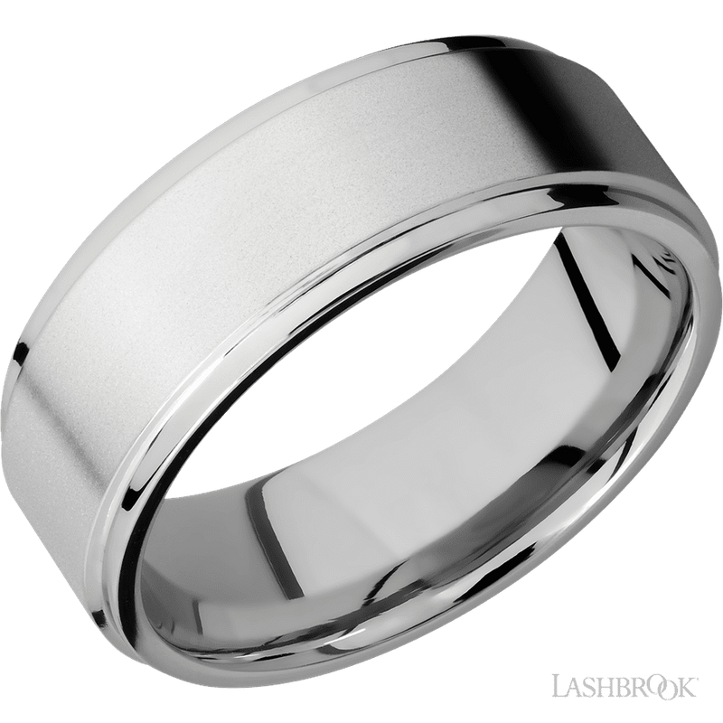 8 mm wide Flat Grooved Edges 14K White Gold band.
