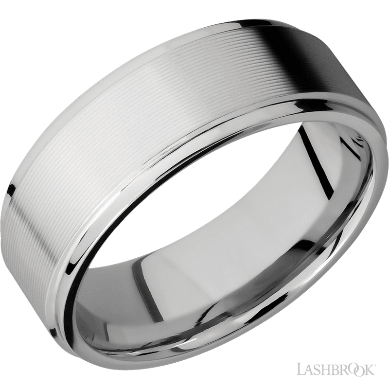 8 mm wide Flat Grooved Edges 14K White Gold band.