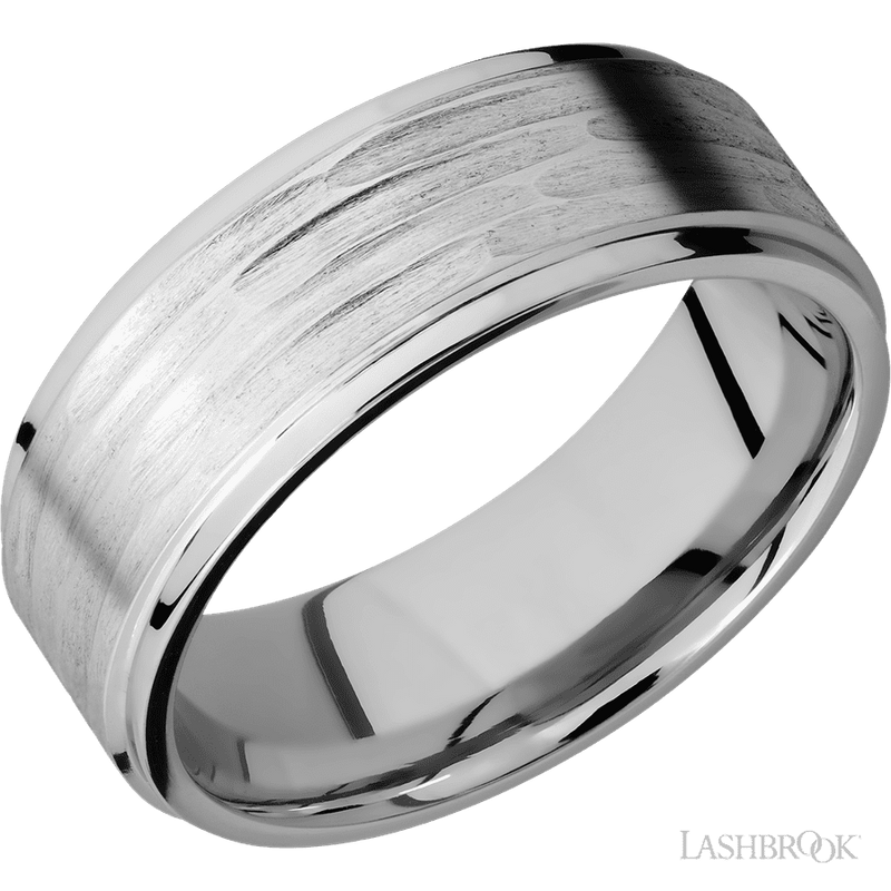8 mm wide Flat Grooved Edges 14K White Gold band.