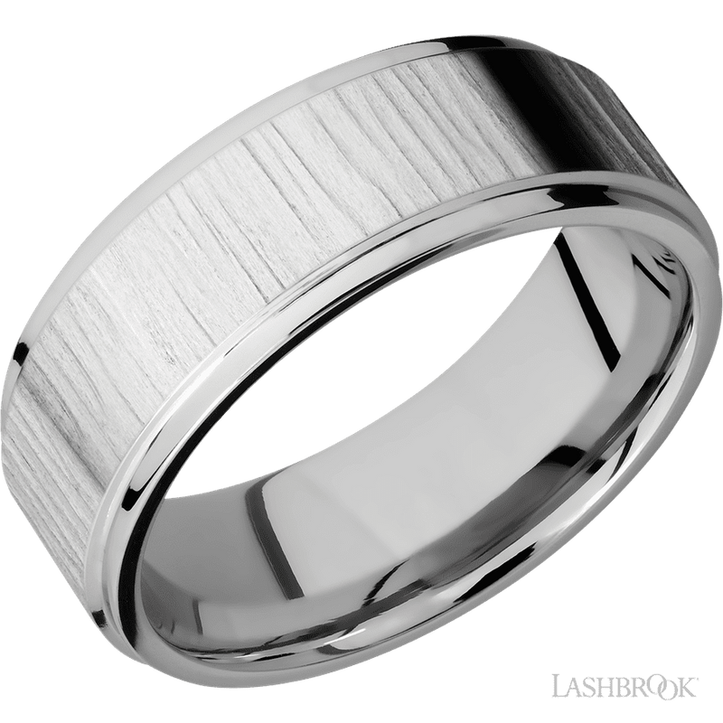 8 mm wide Flat Grooved Edges 14K White Gold band.