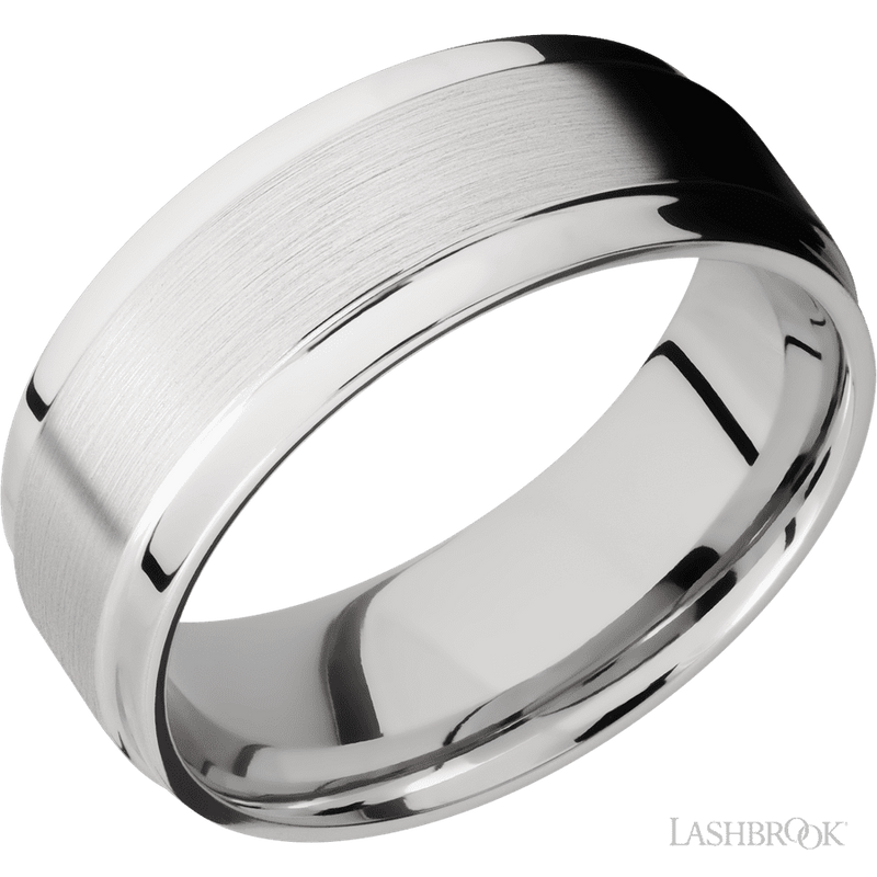 8 mm wide Flat Wide Grooved Edges 14K White Gold band.