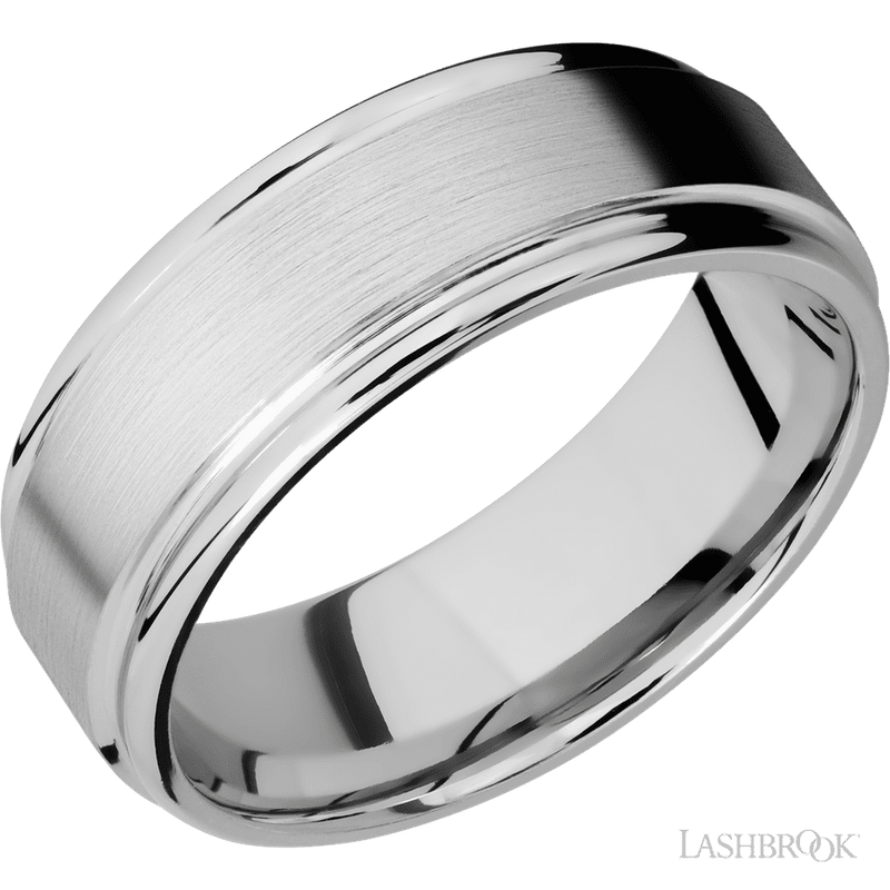 8 mm wide Flat Rounded Edges 14K White Gold band.