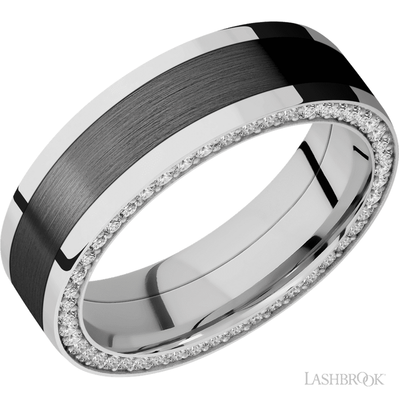 7 mm wide/Flat/14K White Gold band with one 4 mm Centered inlay of Zirconium and featuring a Side Eternity arrangement of .01 carat Round Diamond stones in a Bead Channel setting