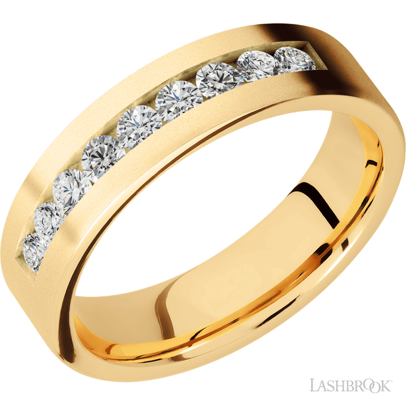6 mm wide/Flat/14K Yellow Gold band with an arrangement of 9, .07 carat Round Diamond stones in a Channel setting.