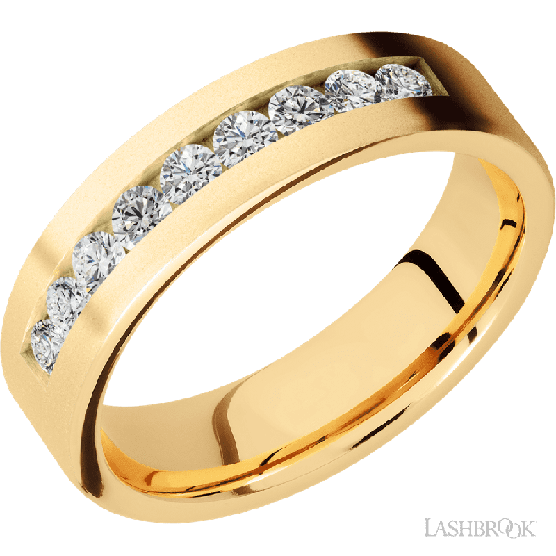 6 mm wide/Flat/14K Yellow Gold band with an arrangement of 9, .07 carat Round Diamond stones in a Channel setting.