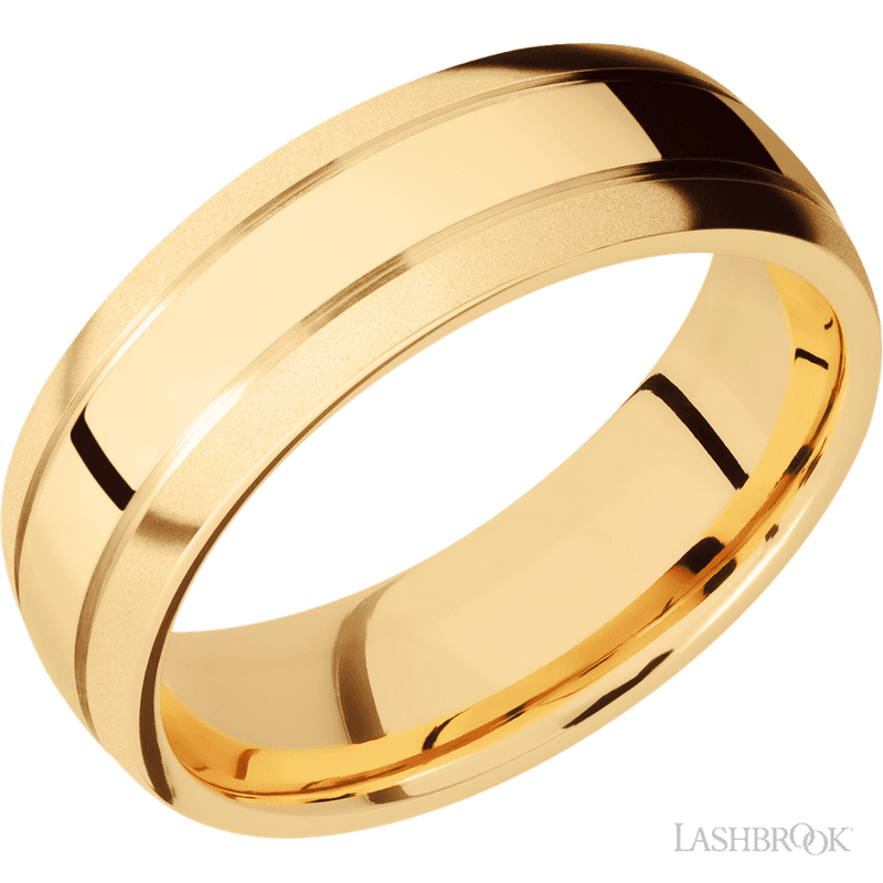 7 mm wide Domed with two accent grooves 14K Yellow Gold band.