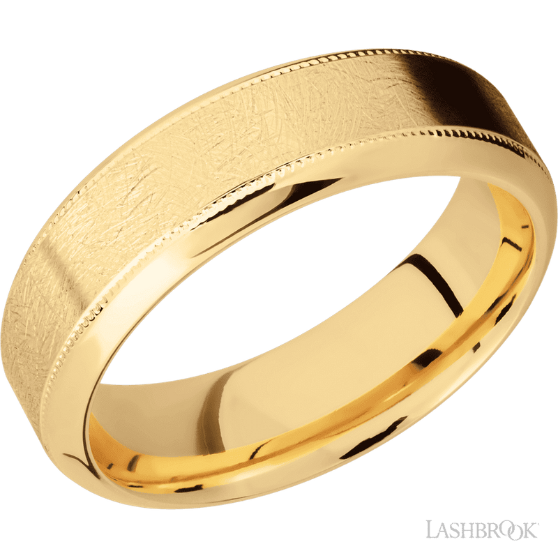 7 mm wide High Bevel Milgrain 14K Yellow Gold band.